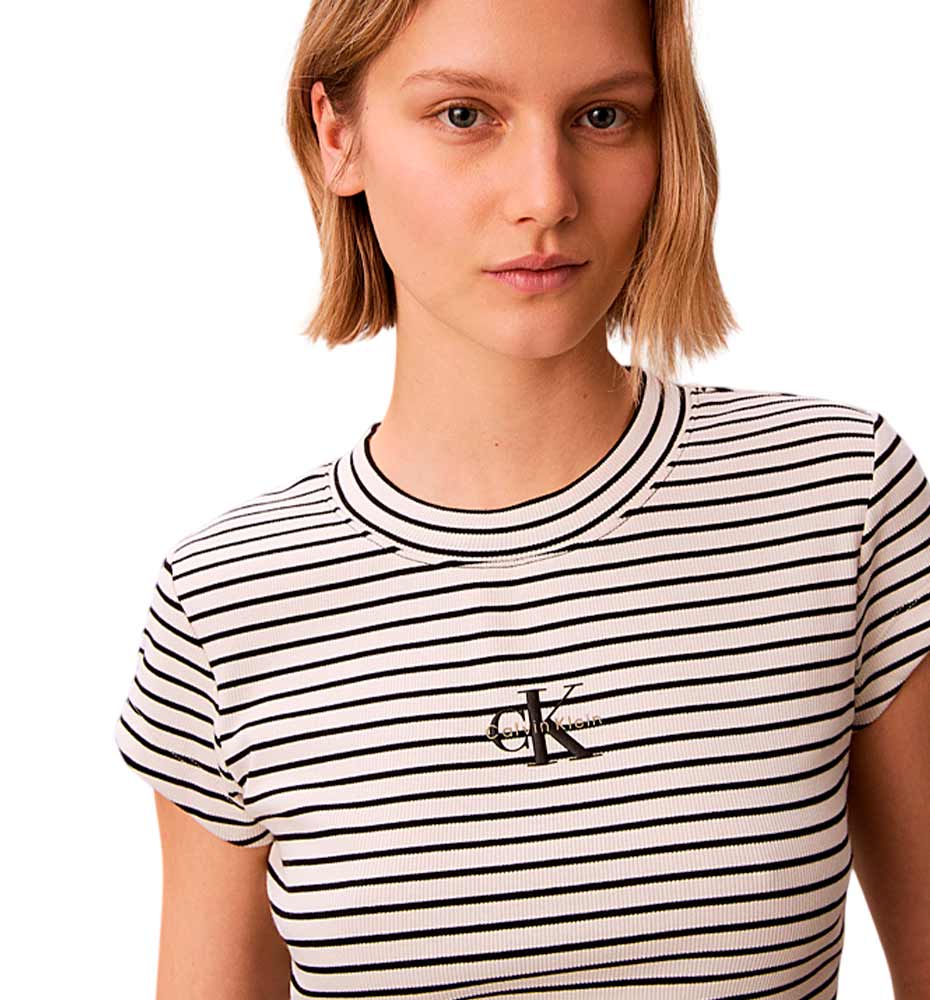 Camiseta M/C Casual Calvin Klein Striped Monologo Baby Rib Tee