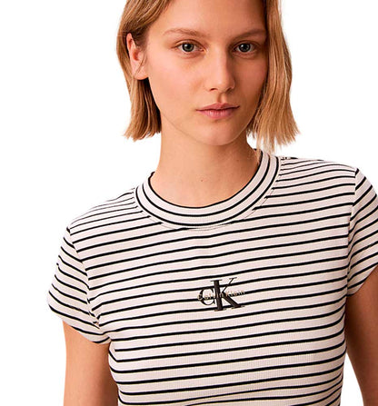 Camiseta M/C Casual Calvin Klein Striped Monologo Baby Rib Tee