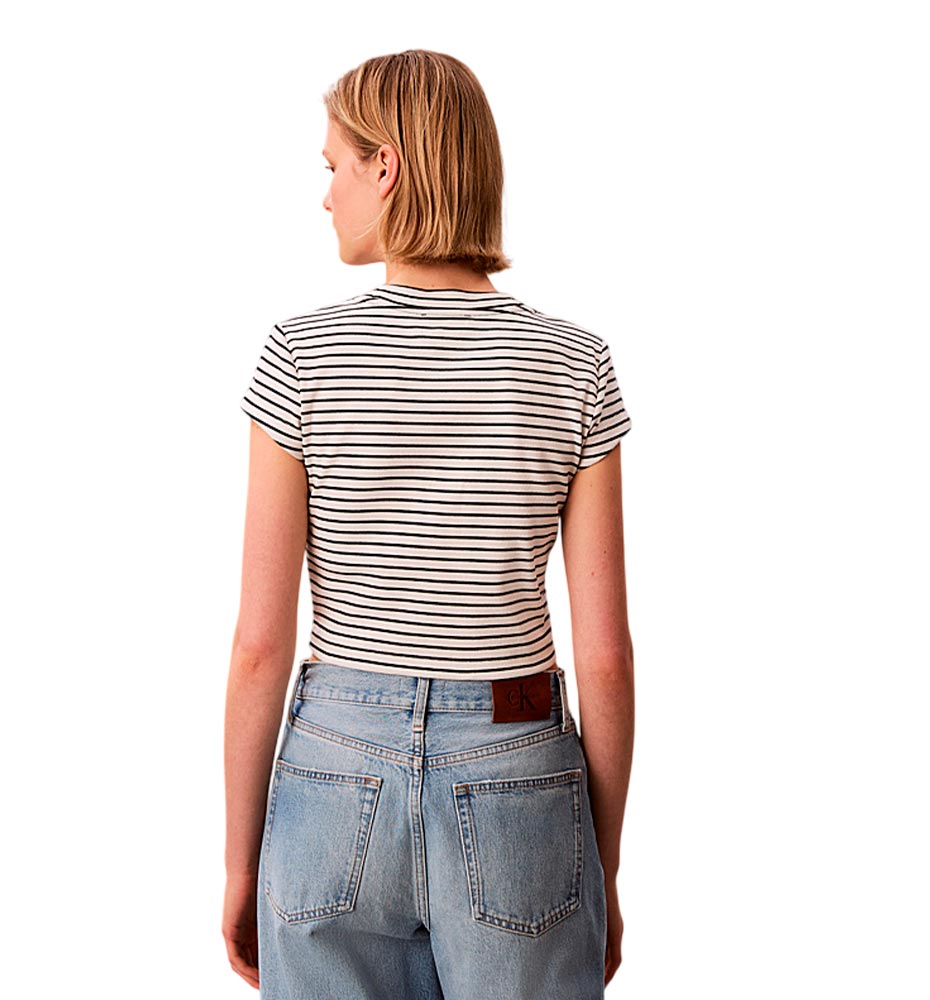 Camiseta M/C Casual Calvin Klein Striped Monologo Baby Rib Tee